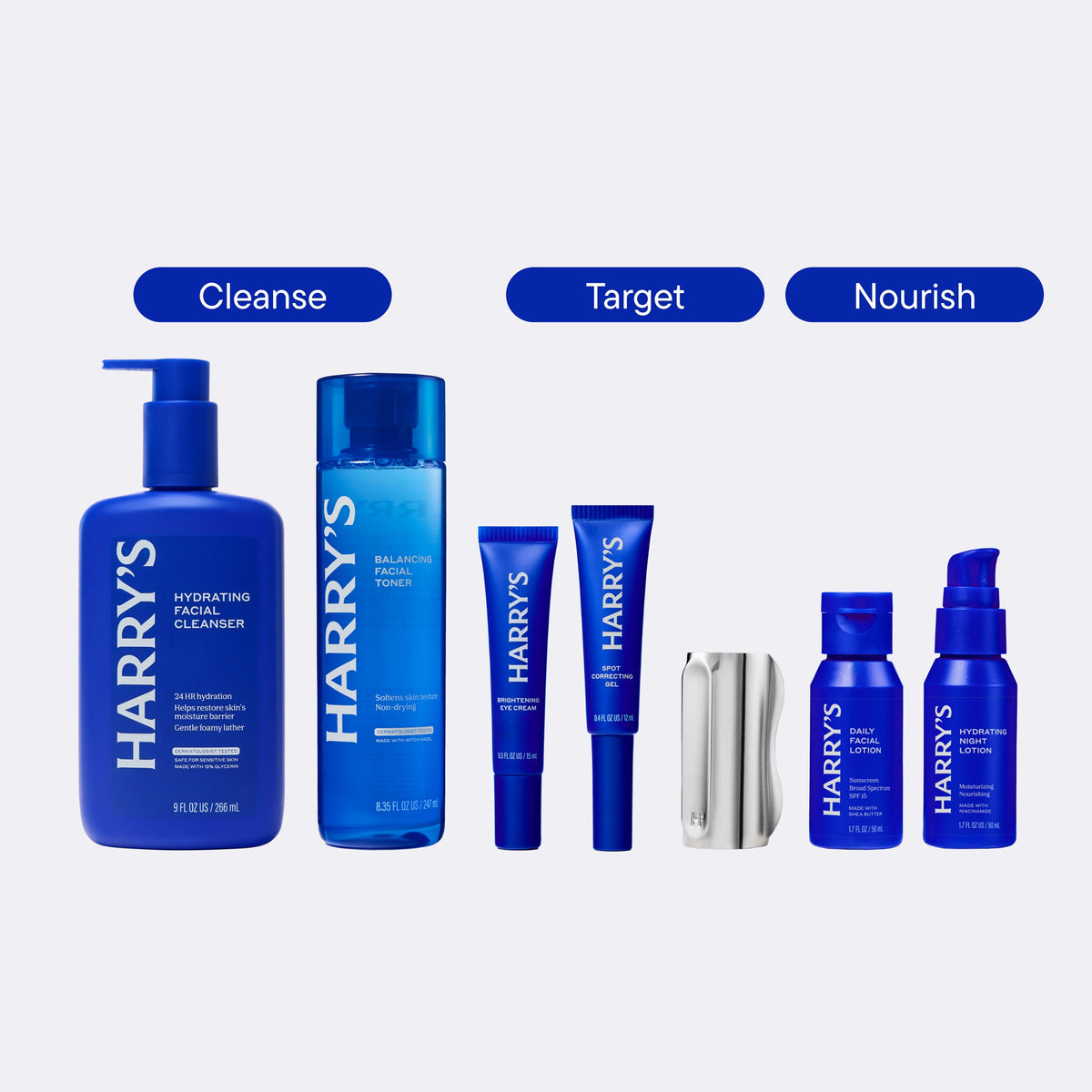 Collection of Harry's skincare products with labels for Cleanse, Target, and Nourish on a white background.