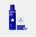 Harry's foaming shave gel with a razor and 8 blades on a white background