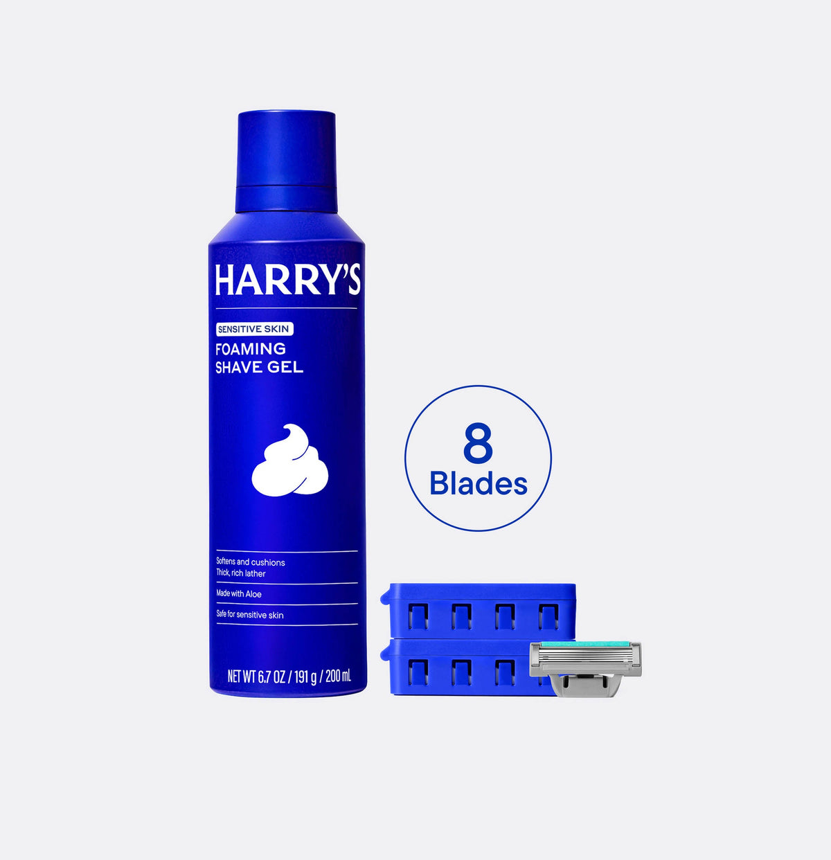 Harry's foaming shave gel with a razor and 8 blades on a white background