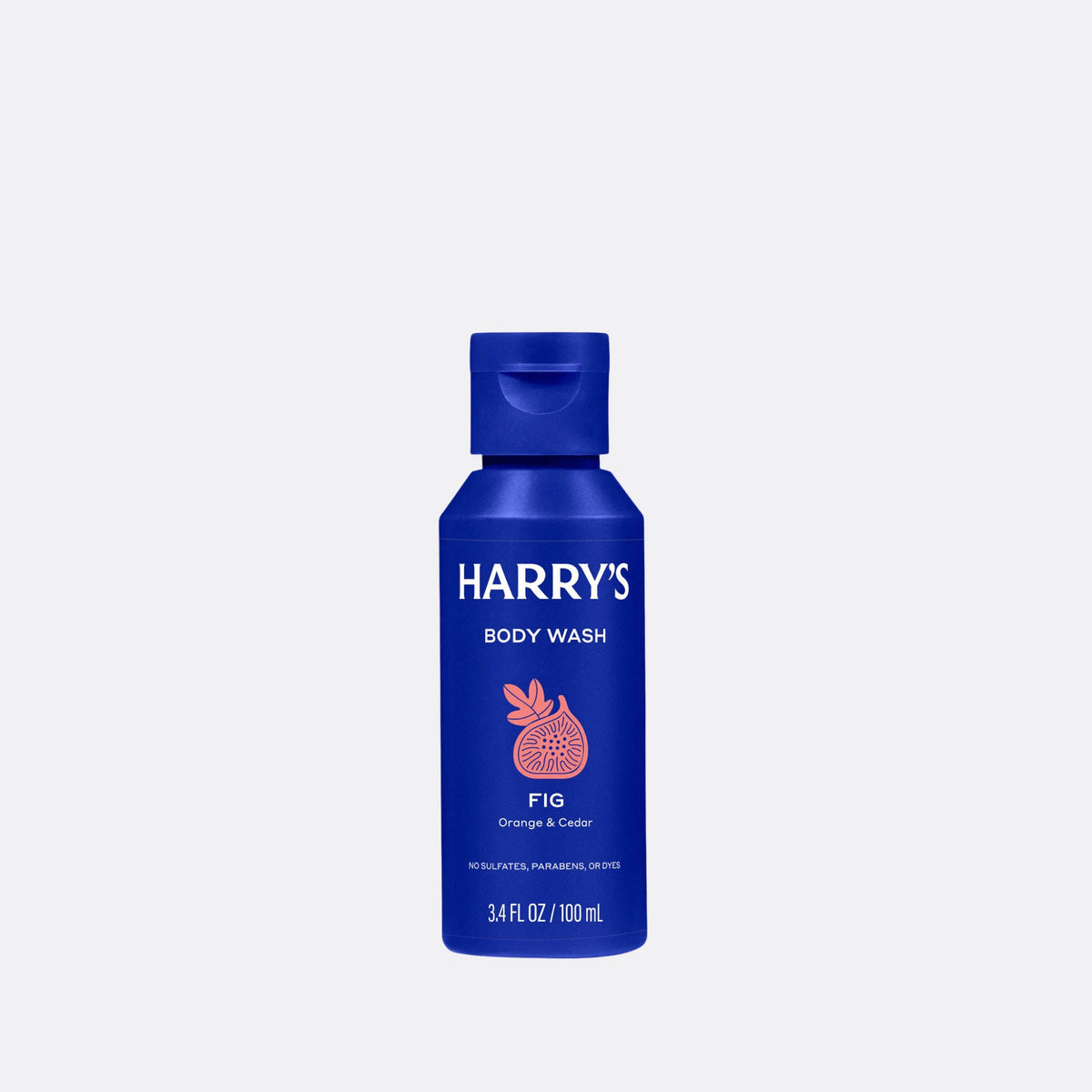 Blue bottle of Harry's body wash with fig scent on a light gray background