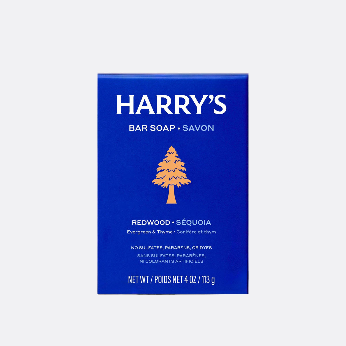 A blue rectangular box of Harry's Bar Soap, Redwood & Séquoia, on a light gray background. The box features white text and a stylized orange pine tree logo.