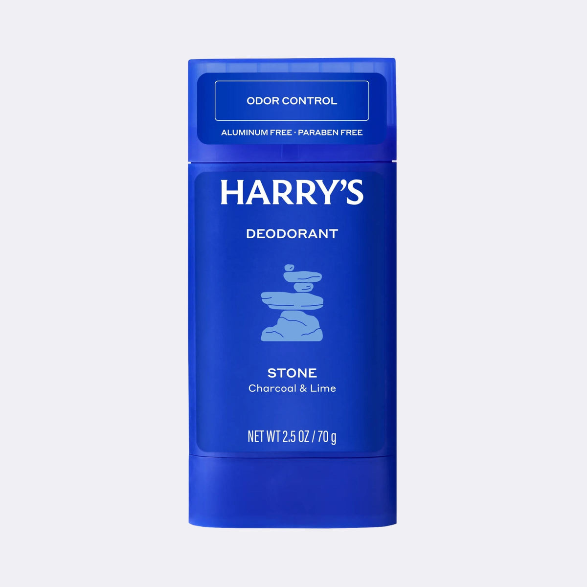 Blue deodorant stick with 'Harry's' branding on a light gray background