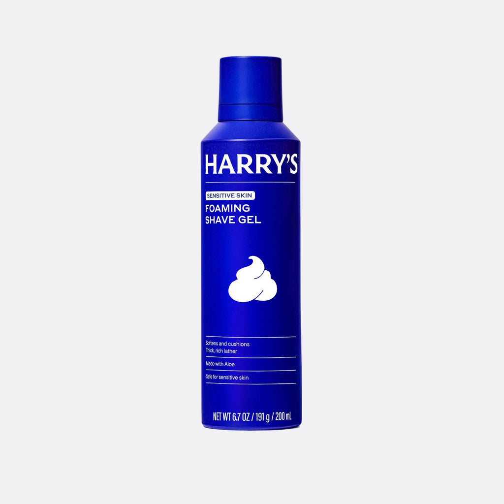 Blue bottle of Harry's foaming shave gel on a white background