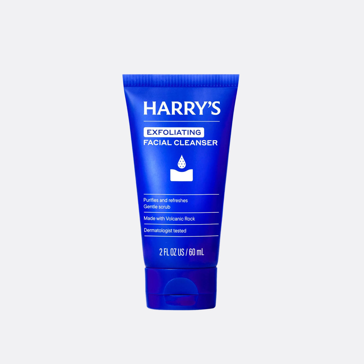 Blue tube of Harry's Exfoliating Facial Cleanser on a white background
