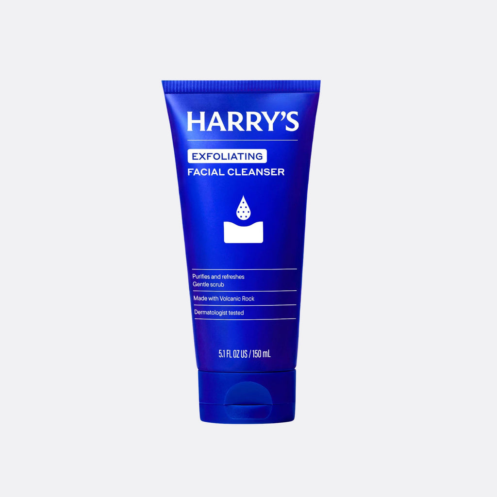 Blue tube of Harry's exfoliating facial cleanser on a white background