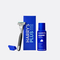 Harry's shaving system with razor, box, and shave gel on a white background
