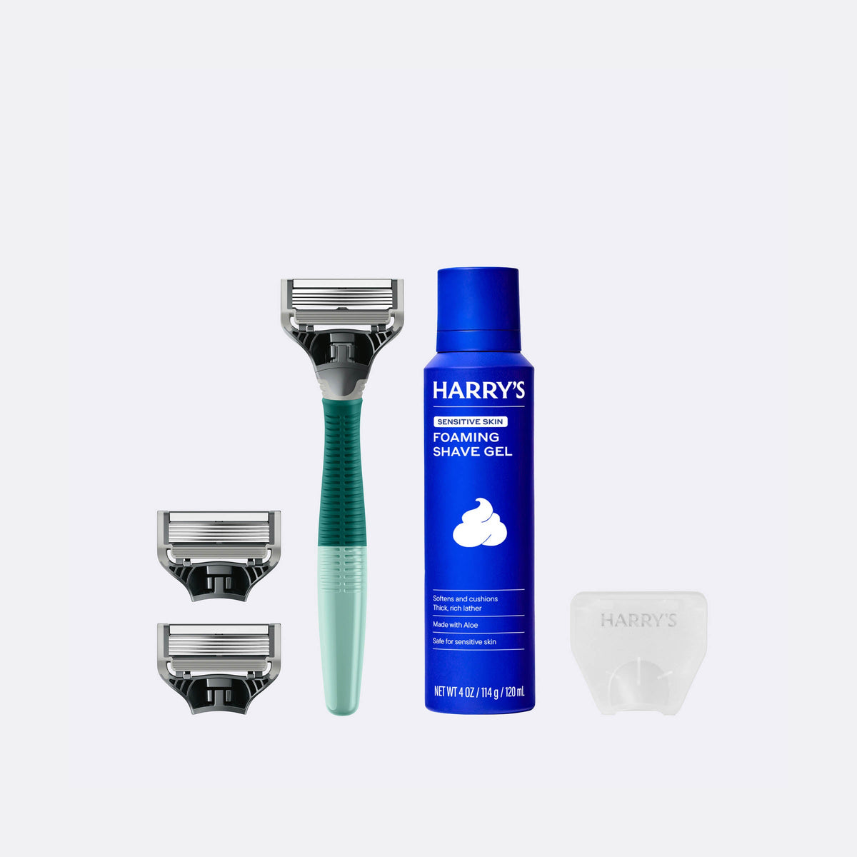 Harry's shaving product set including a razor, shave gel, and razor heads on a white background