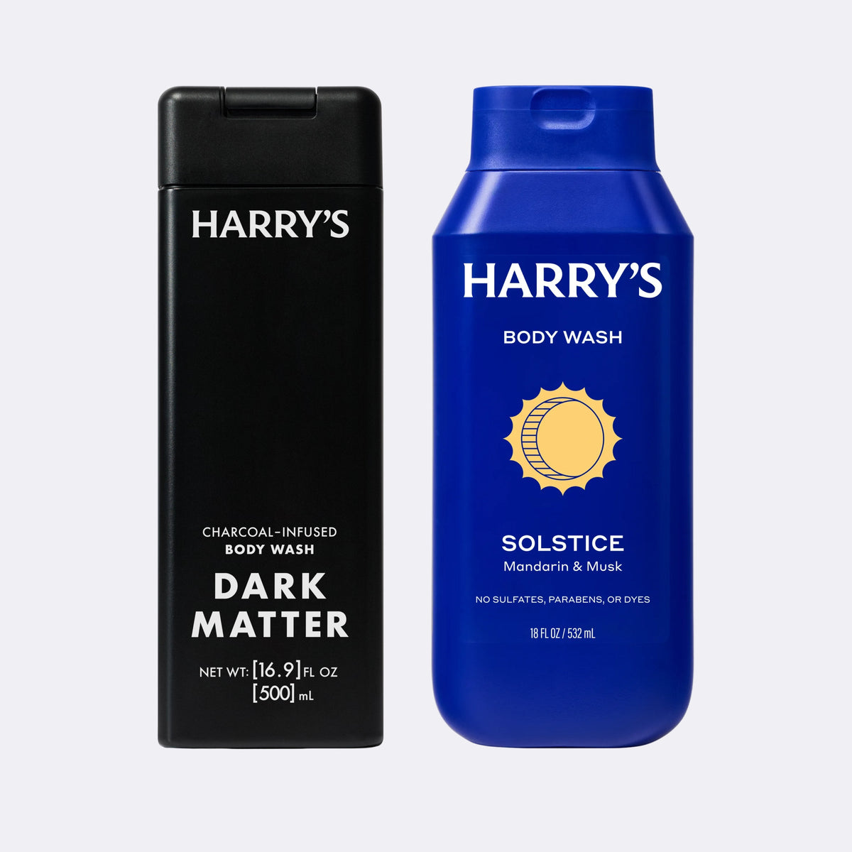 Two Harry's Body Wash bottles on a light gray background: a tall black box labeled Dark Matter and a blue bottle labeled Solstice with a yellow sun graphic.