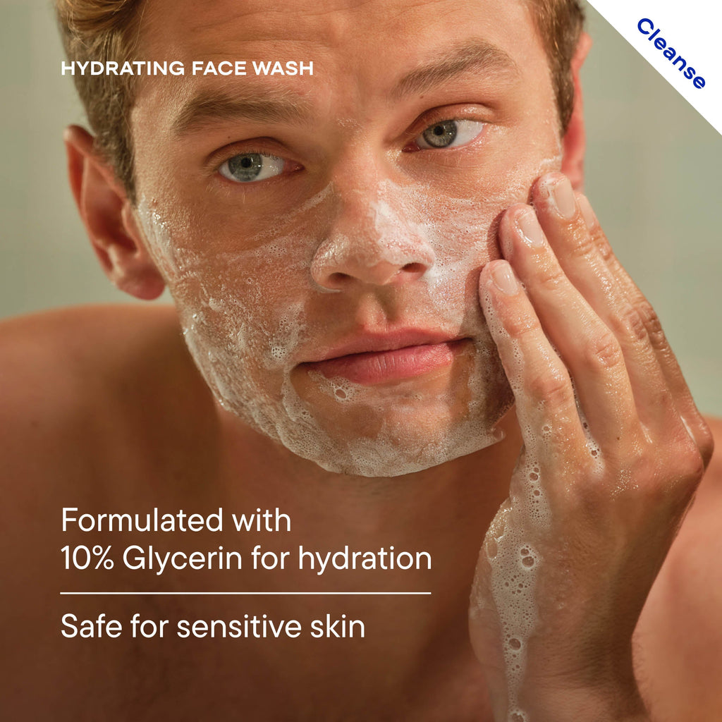 Man applying hydrating face wash with text highlighting product features.