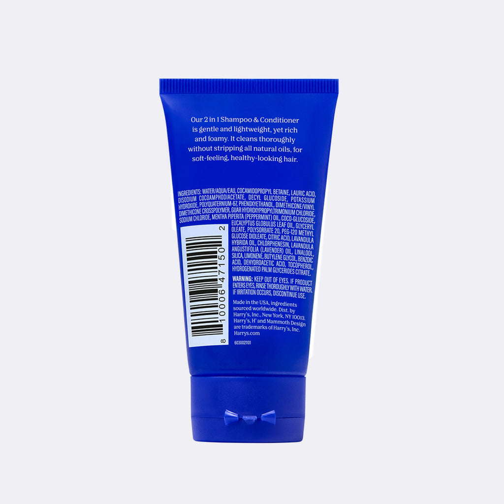 Blue shampoo and conditioner bottle with label on a white background