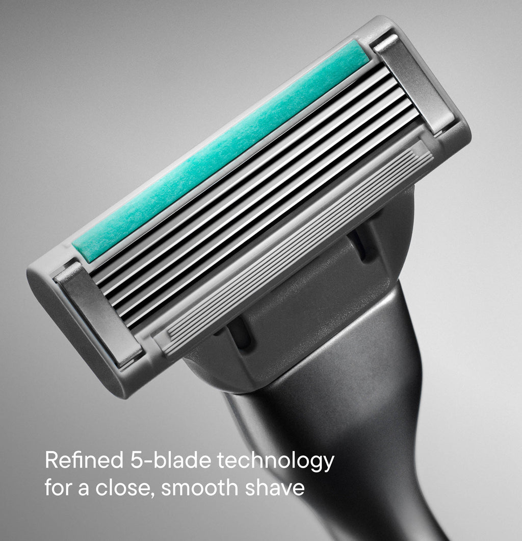 Shaving razor with 5-blade technology on a gray background