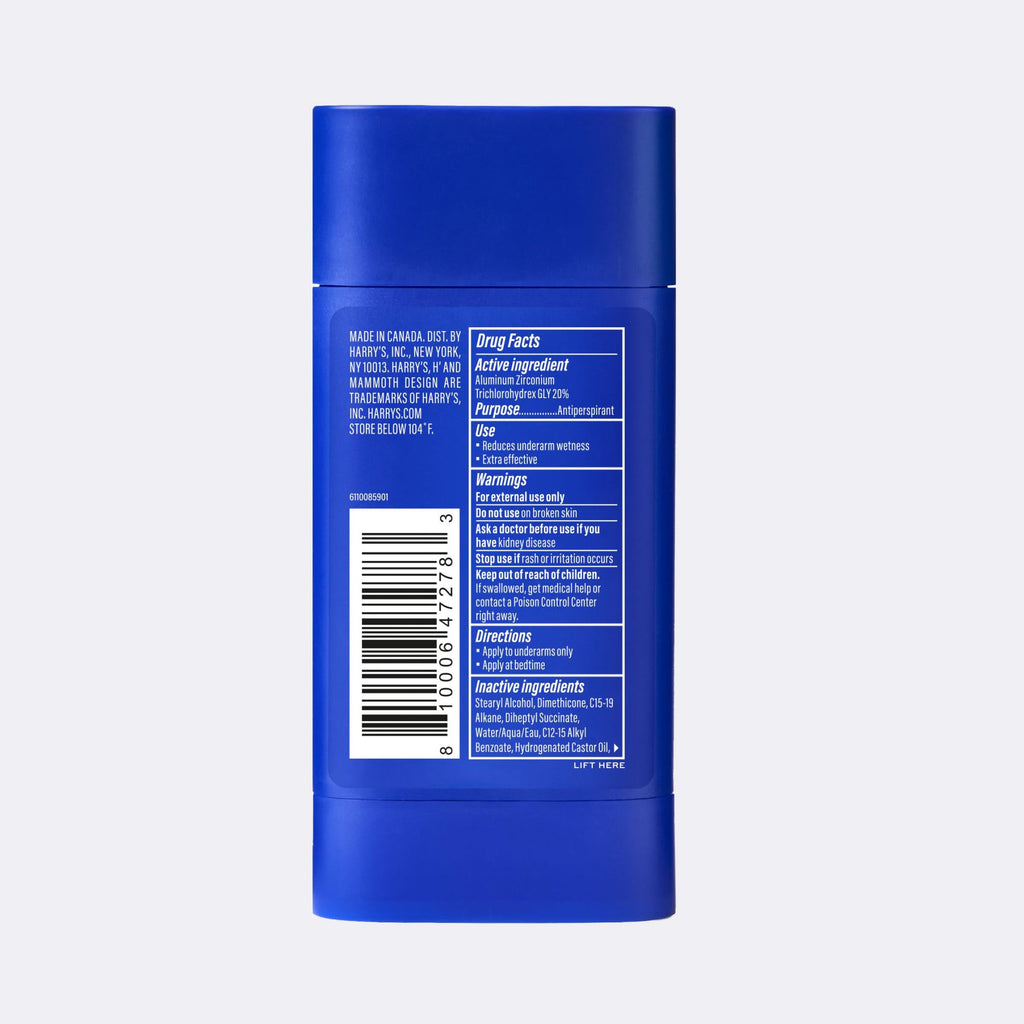 Blue cylindrical container with text and a barcode on a light gray background