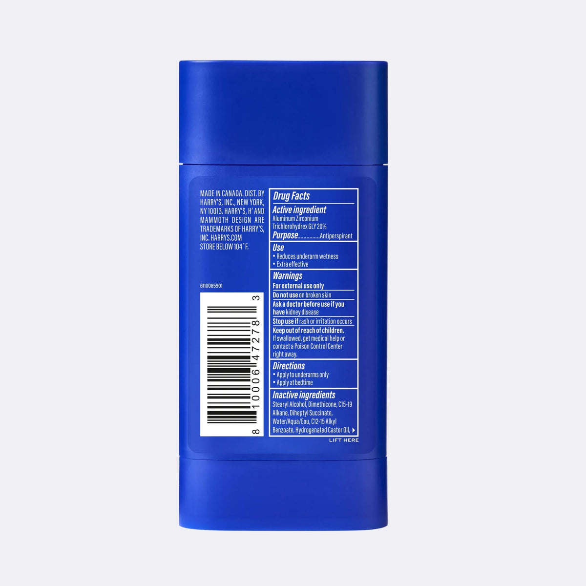 Blue cylindrical container with label on a light gray background