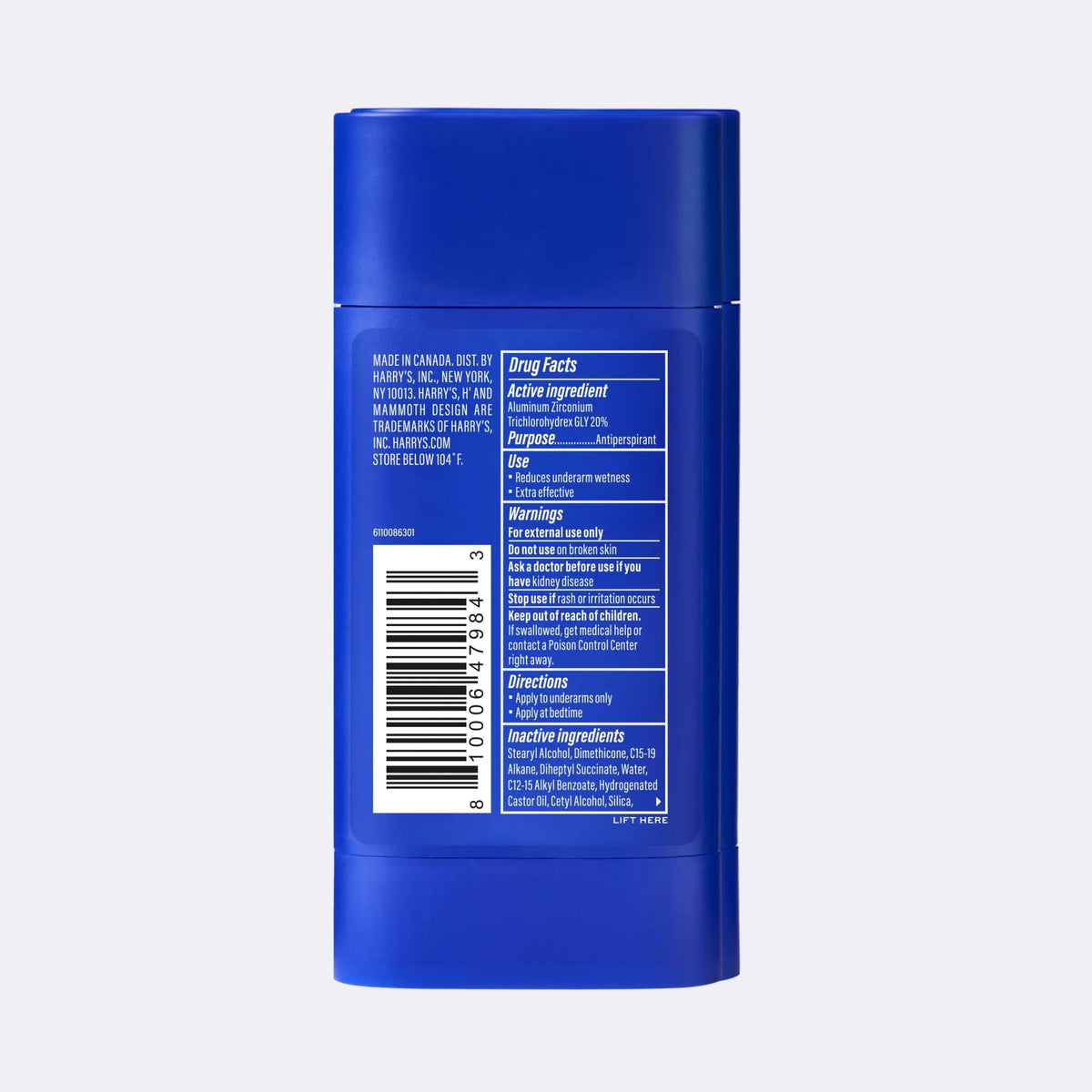 Blue cylindrical container with label on a light gray background