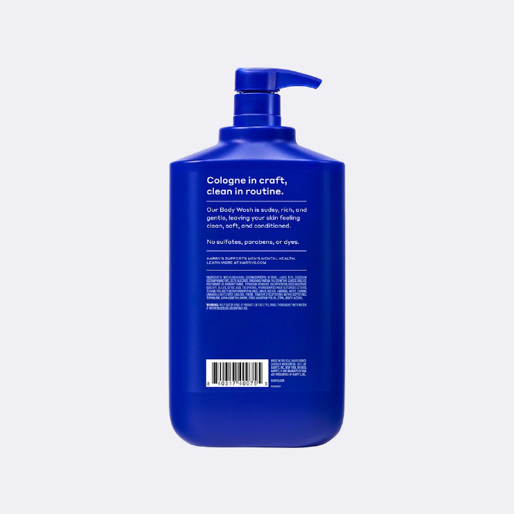 Blue body wash bottle with pump on a light gray background