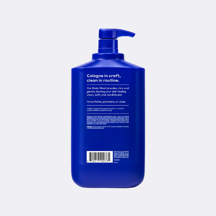 Blue body wash bottle with pump on a light gray background