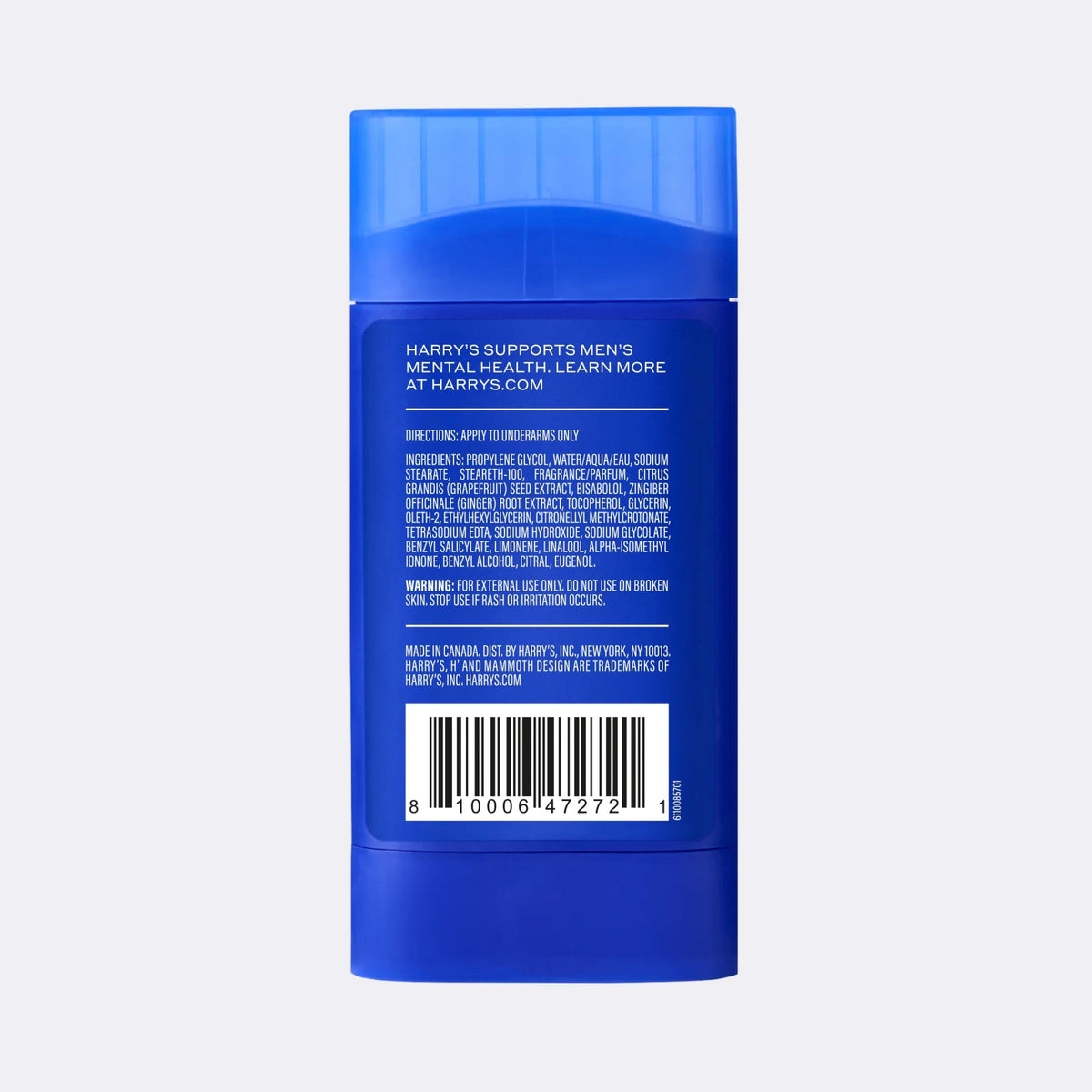 Blue container with text and a barcode on a light gray background