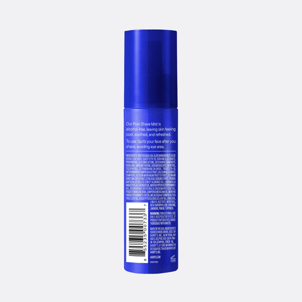 Blue cylindrical container with text and a barcode on a white background