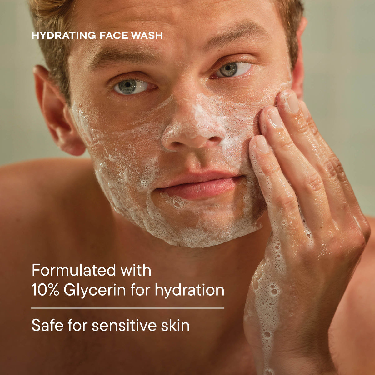Man applying hydrating face wash with text highlighting product features.
