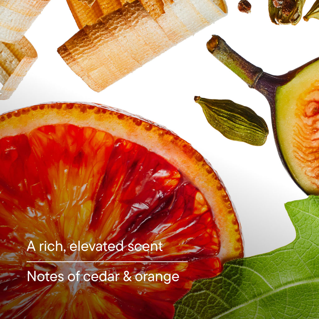Close-up of a sliced blood orange with leaves and dried herbs on a white background.