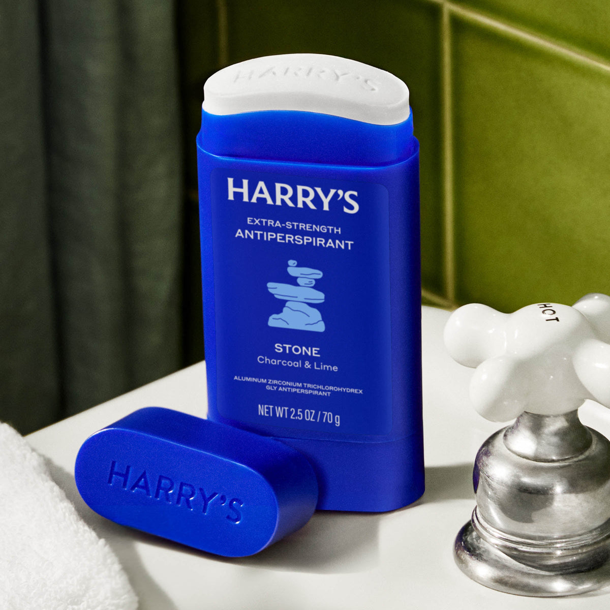 Harry's antiperspirant stick on a bathroom counter