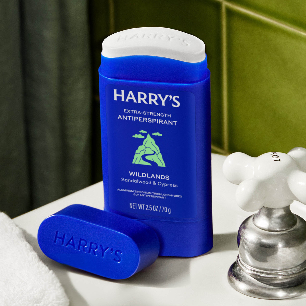 Harry's antiperspirant stick on a bathroom counter