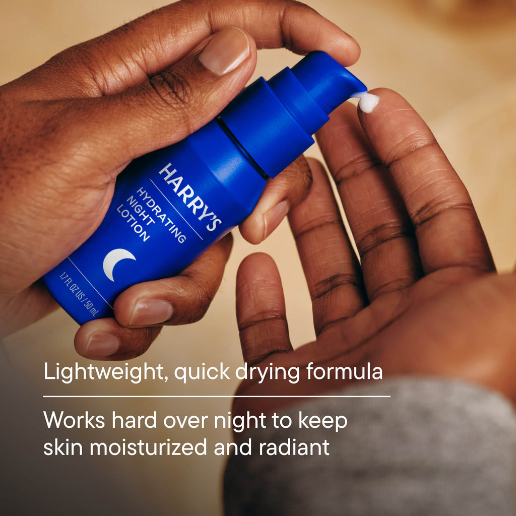 Hand holding a blue bottle labeled 'HARRY'S' with text about a lightweight, quick-drying formula.