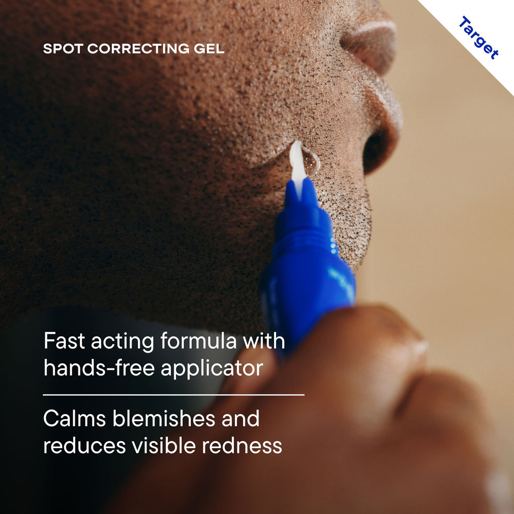 Person applying spot correcting gel to their skin with a blue applicator.