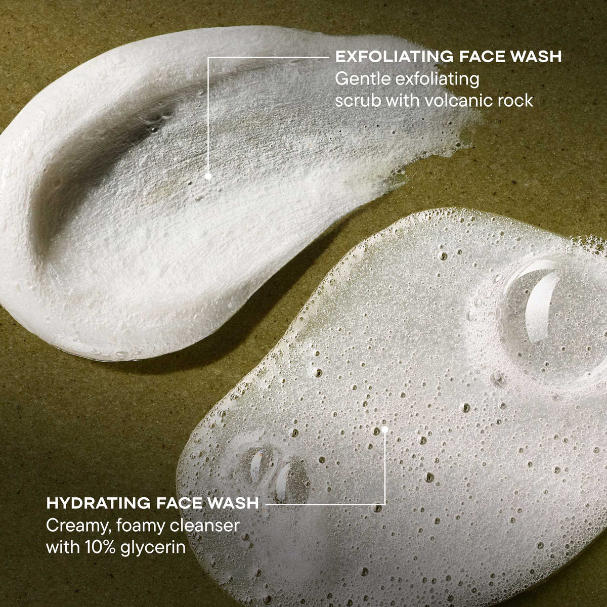 Exfoliating and Hydrating Facial Wash suds with language describing contents of both formulas