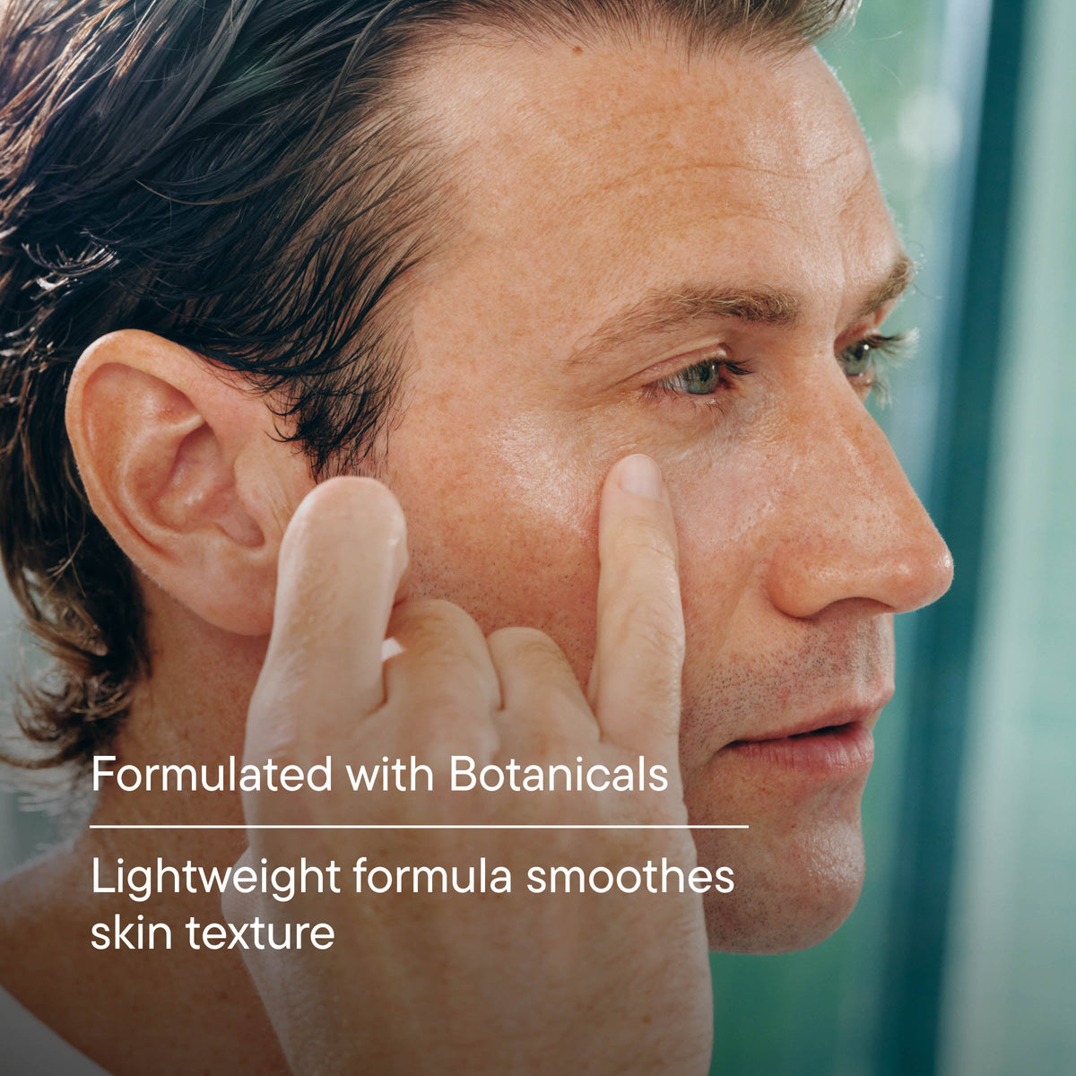 Man applying skincare product to his face with text about botanicals and skin texture.