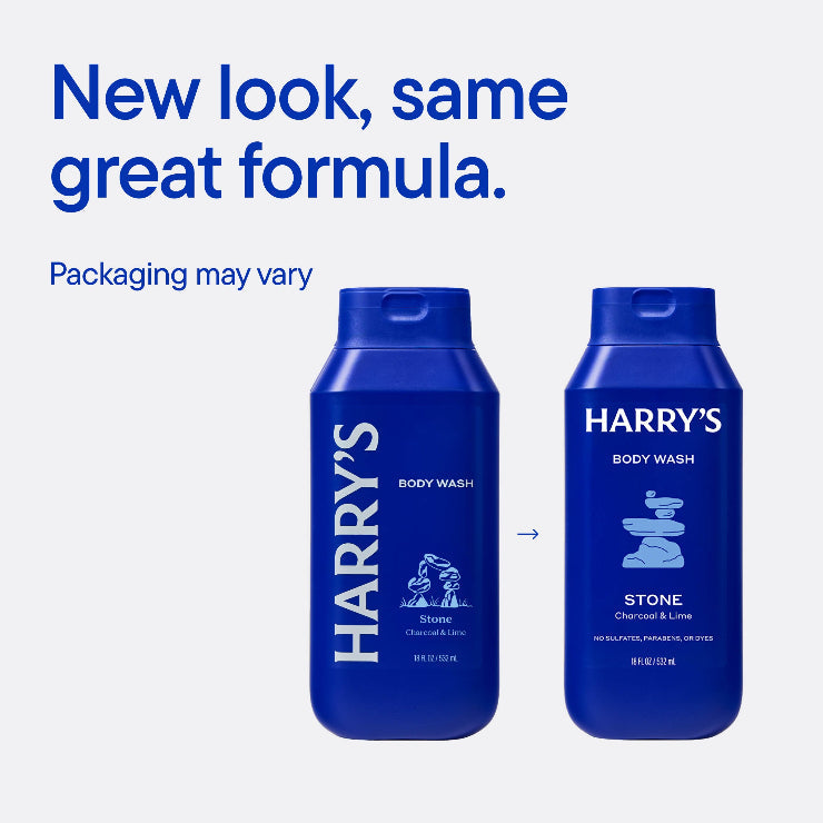 Two bottles of Harry's body wash with a blue background and text about new packaging.