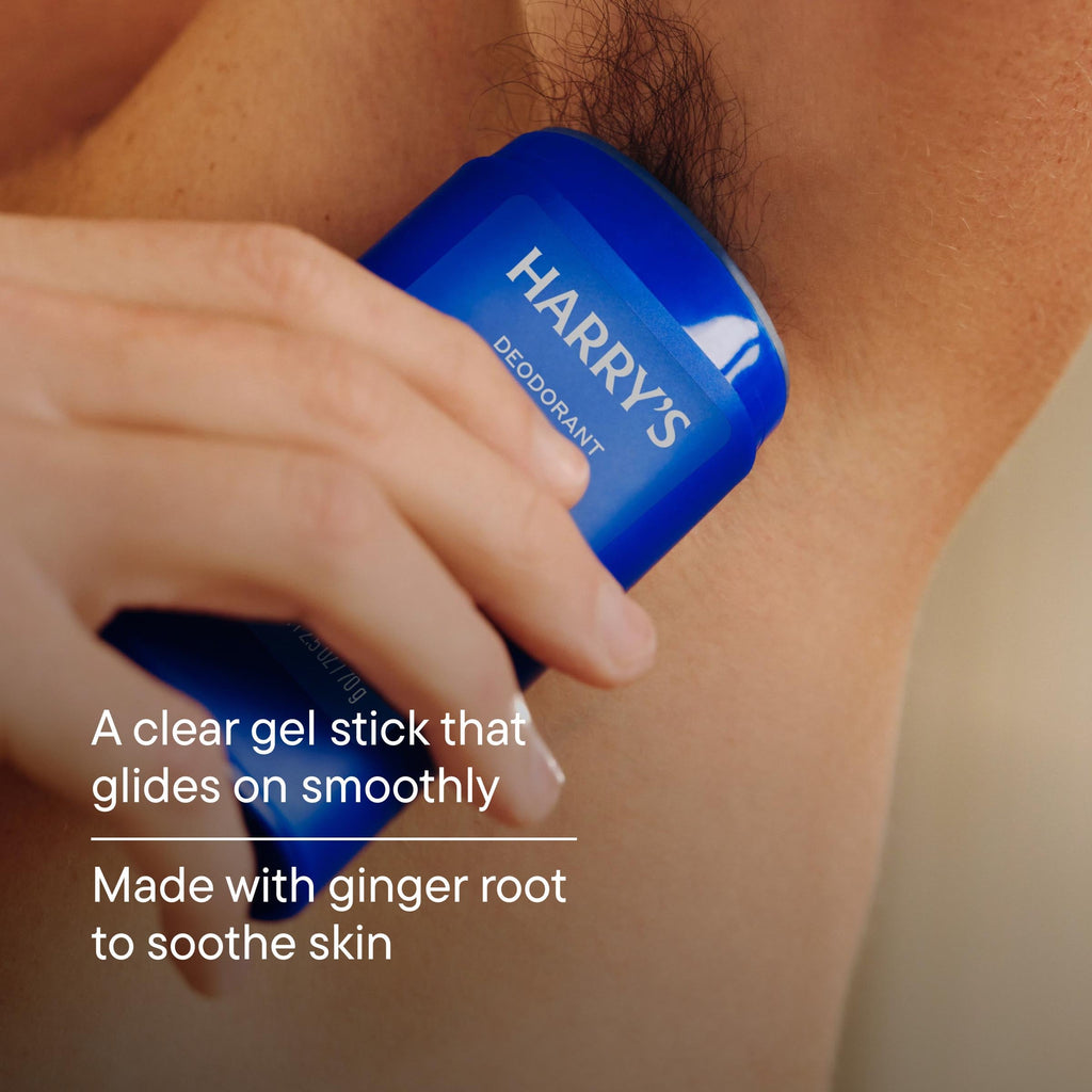 Person applying Harry's deodorant stick on their underarm with text about the product.