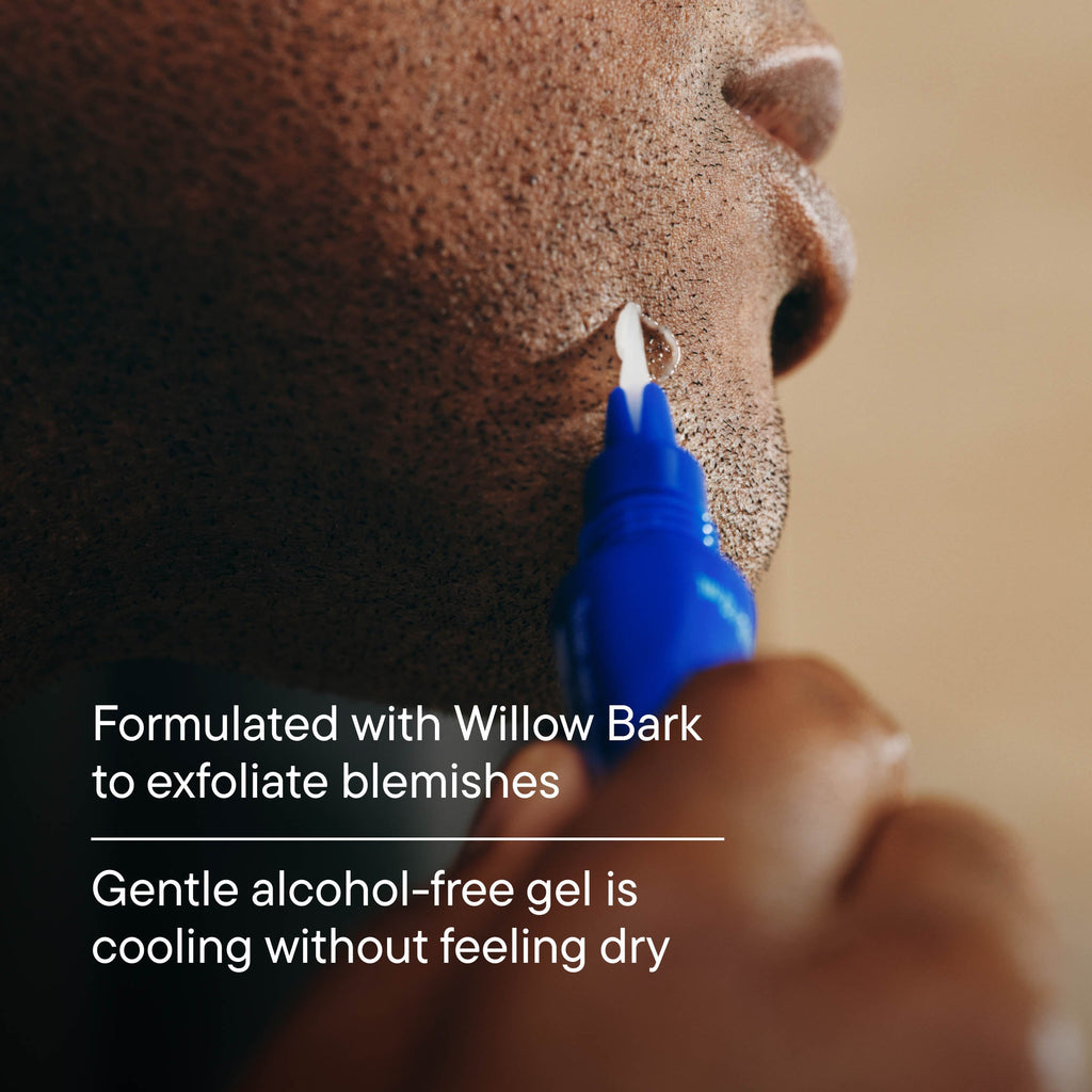 Person applying a blue gel to their nose with text about the product's benefits.