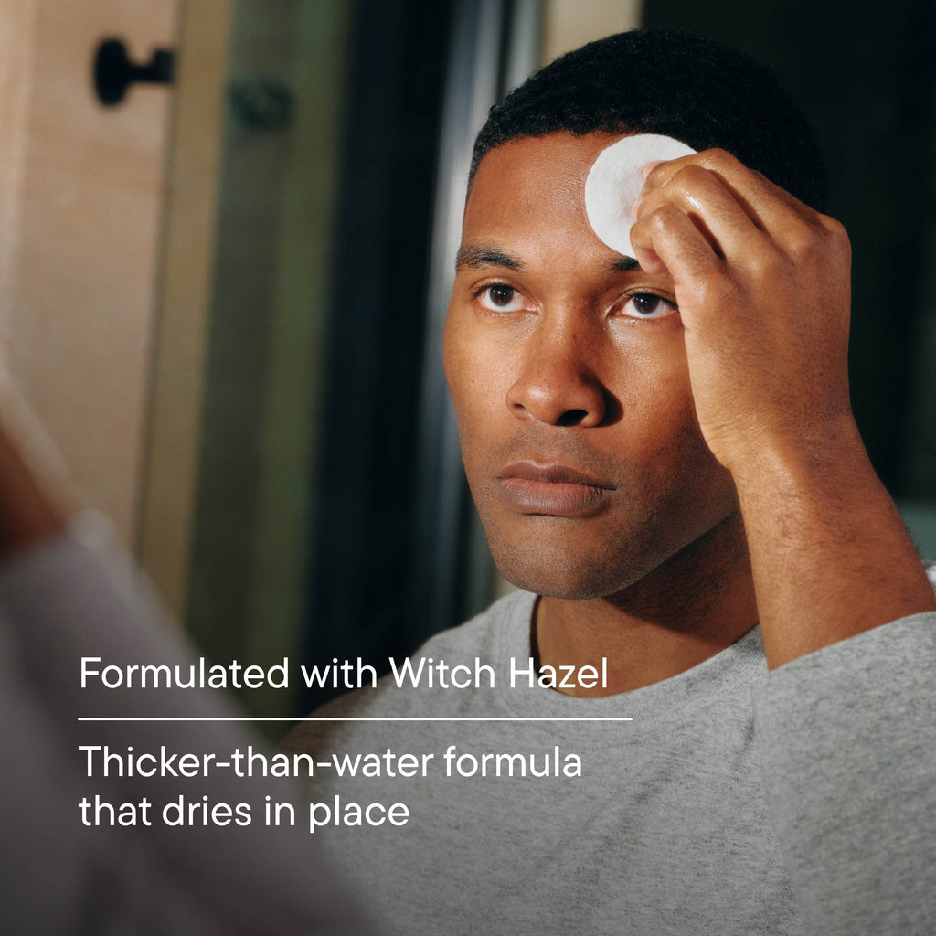 Man applying a product to his face with text about witch hazel formula.