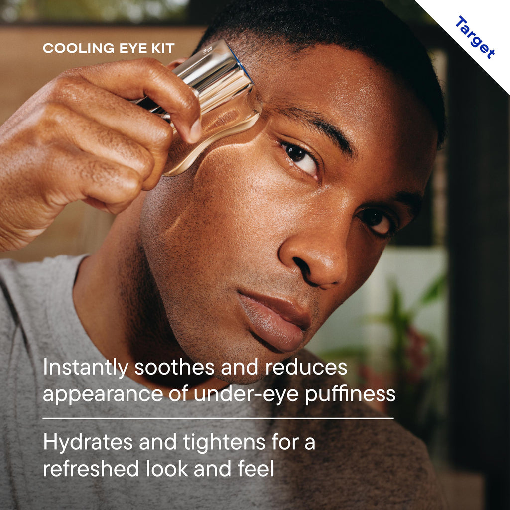 Person applying a cooling eye kit to their eye area with text highlighting product benefits.