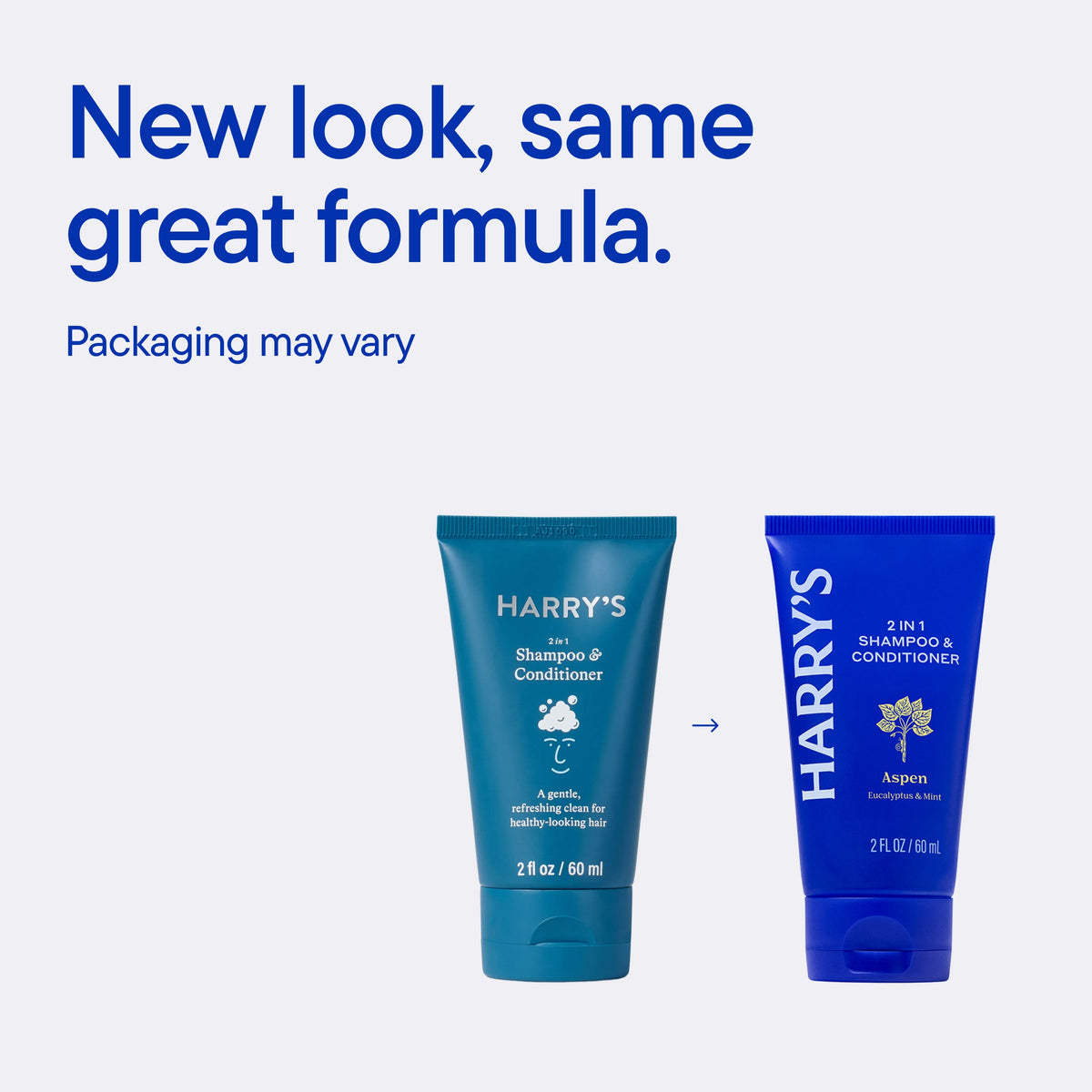 Two blue tubes of Harry's shampoo and conditioner on a white background with text about new packaging.