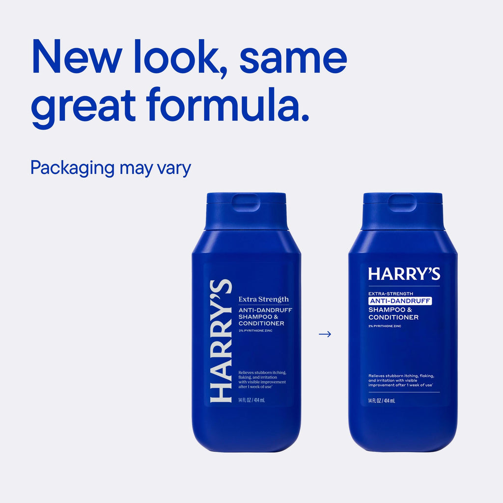 Two blue bottles of Harry's shampoo and conditioner on a white background with text about new packaging.