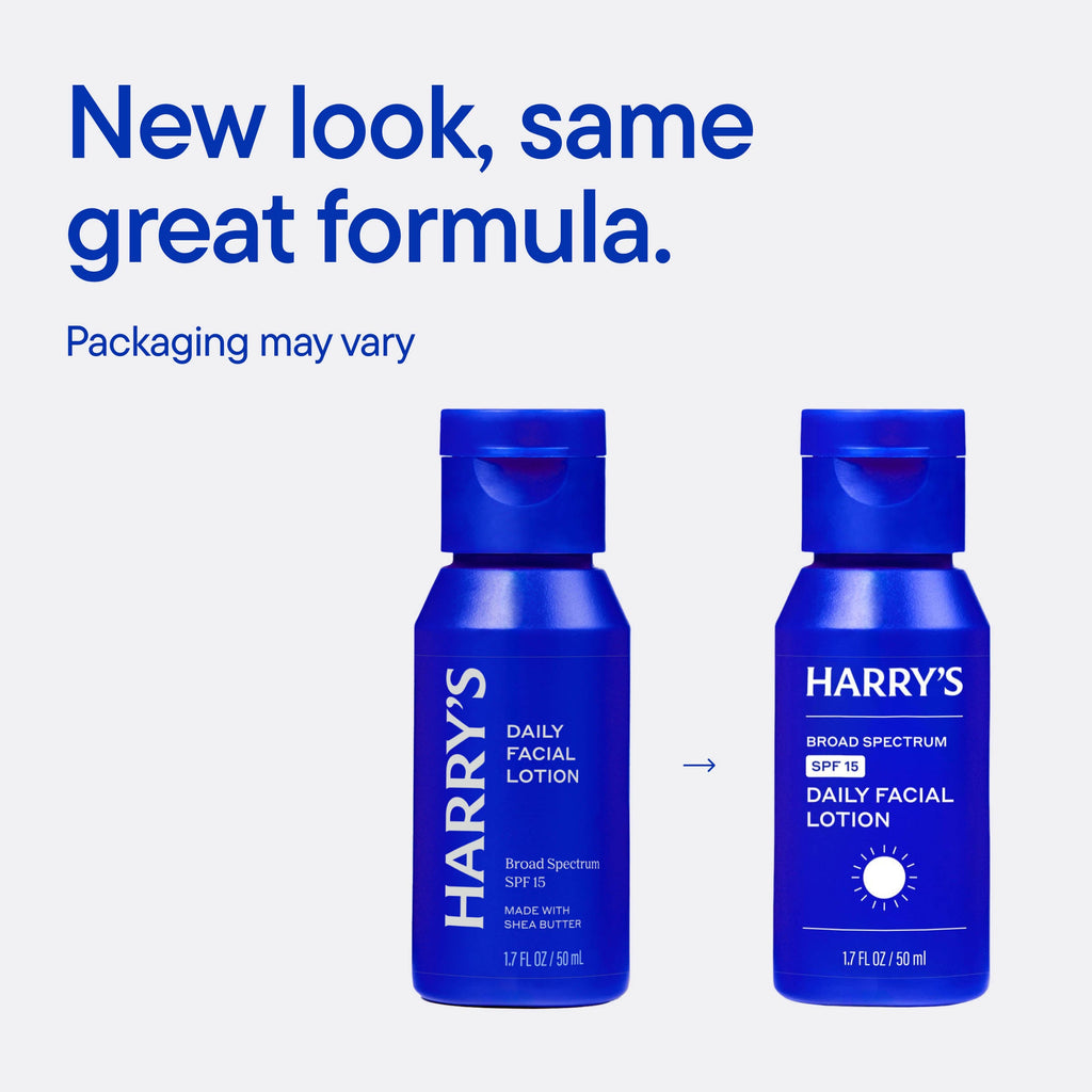 Two blue bottles of Harry's daily facial lotion on a white background with text about new packaging.