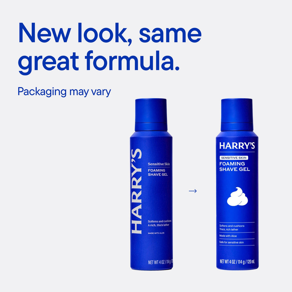 Two bottles of Harry's foaming shave gel with text about a new look and same great formula.