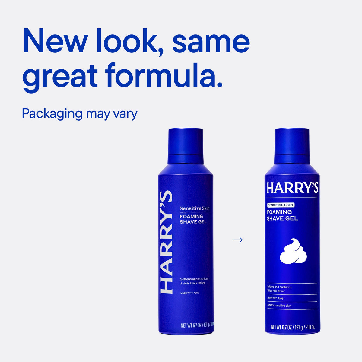 Two bottles of Harry's foaming shave gel with text indicating a new look and same great formula.
