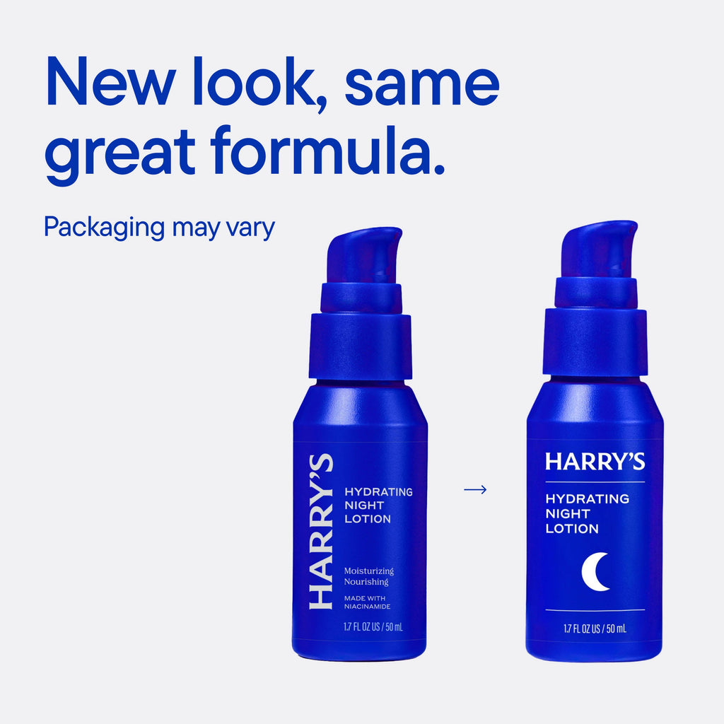Two blue bottles of Harry's Hydrating Night Lotion on a white background with text about new packaging.
