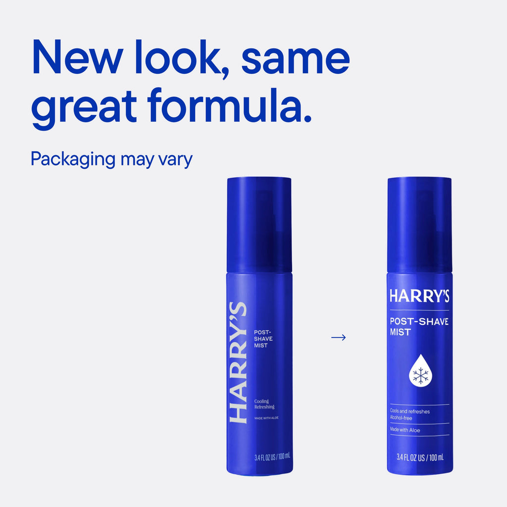 Two blue bottles of Harry's post-shave mist on a white background with text about new packaging.