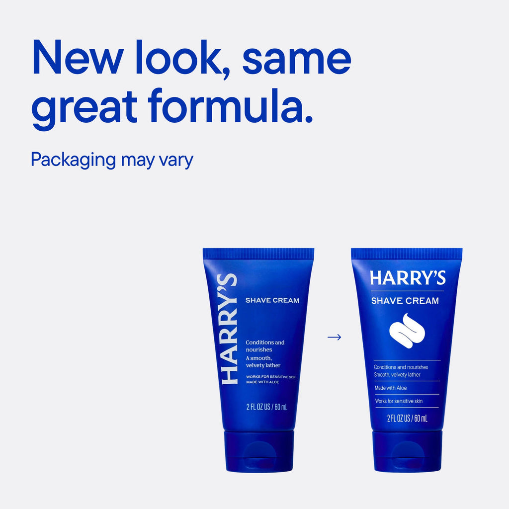 Two blue tubes of Harry's Shave Cream with text 'New look, same great formula.'