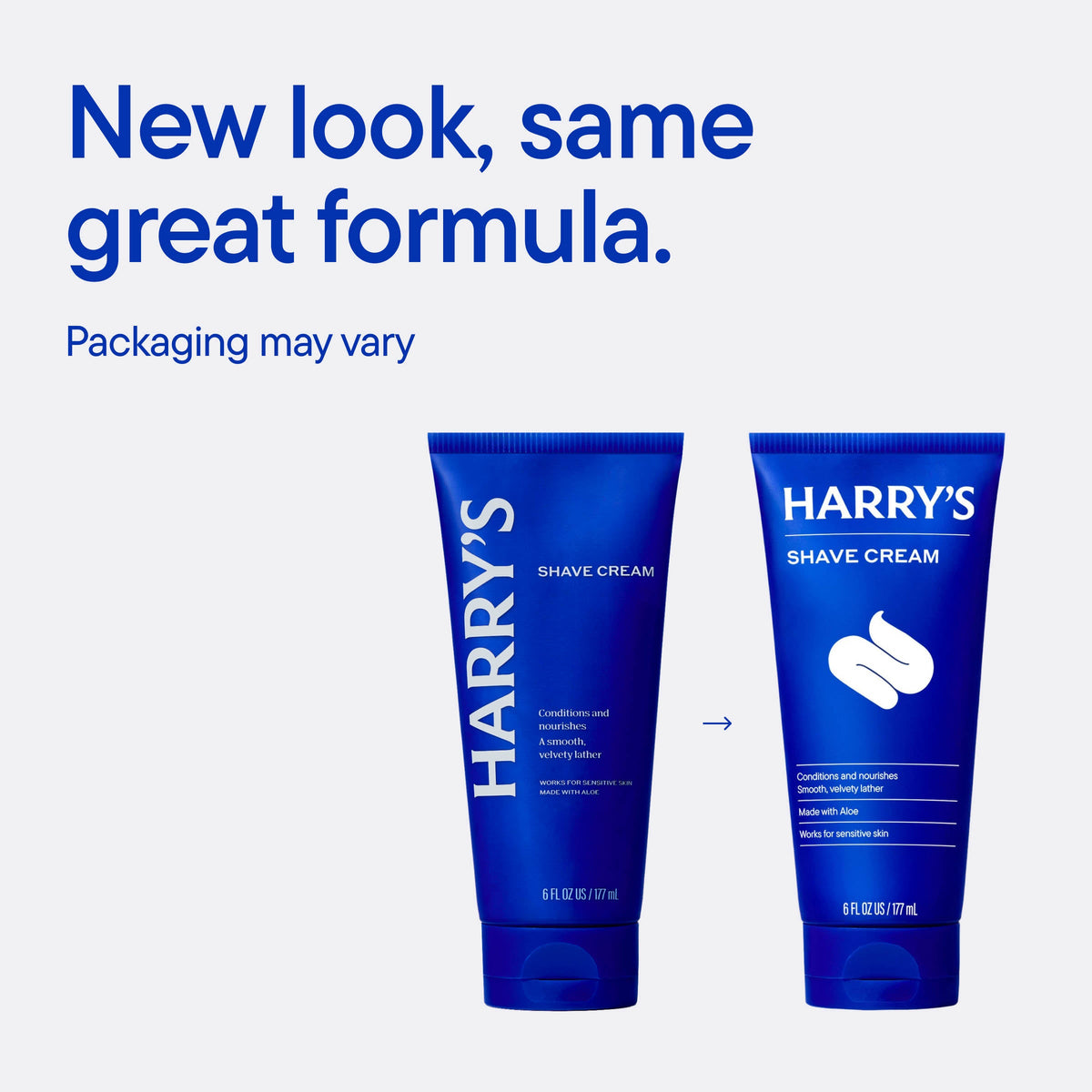 Two tubes of Harry's Shave Cream with a blue background and text about new packaging.