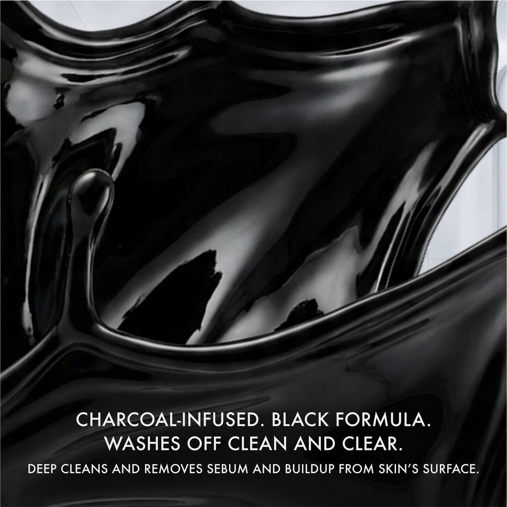 Black Body Wash with Text describing Charcoal infusion and how it washes off clean and clear.