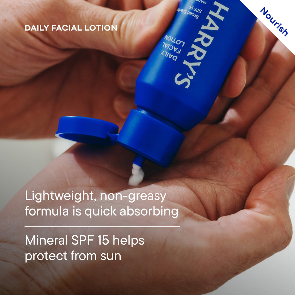 Blue bottle of Harry's daily facial lotion being held in a hand with product details on a white background.