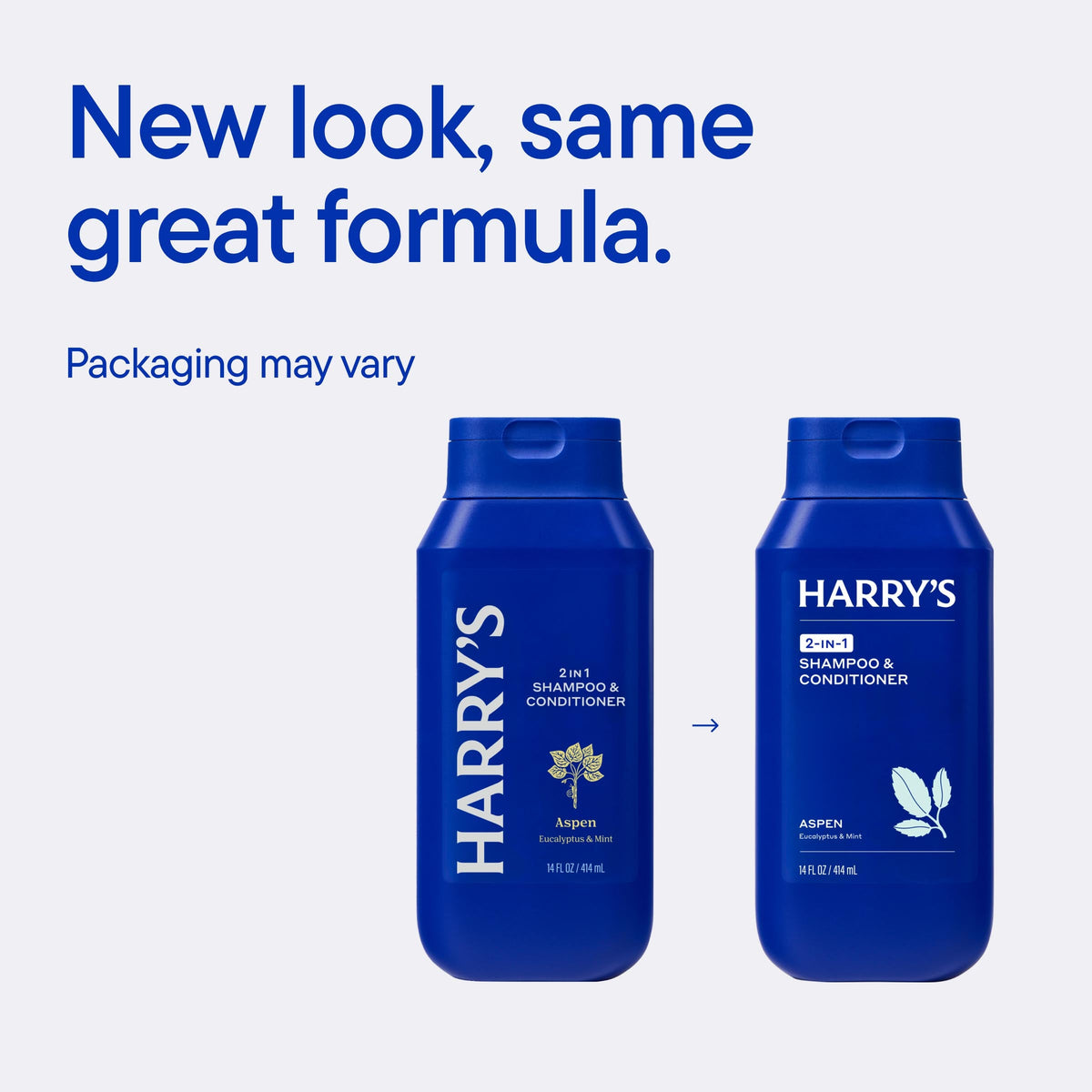 Two blue bottles of Harry's shampoo and conditioner with text 'New look, same great formula.' on a light blue background.