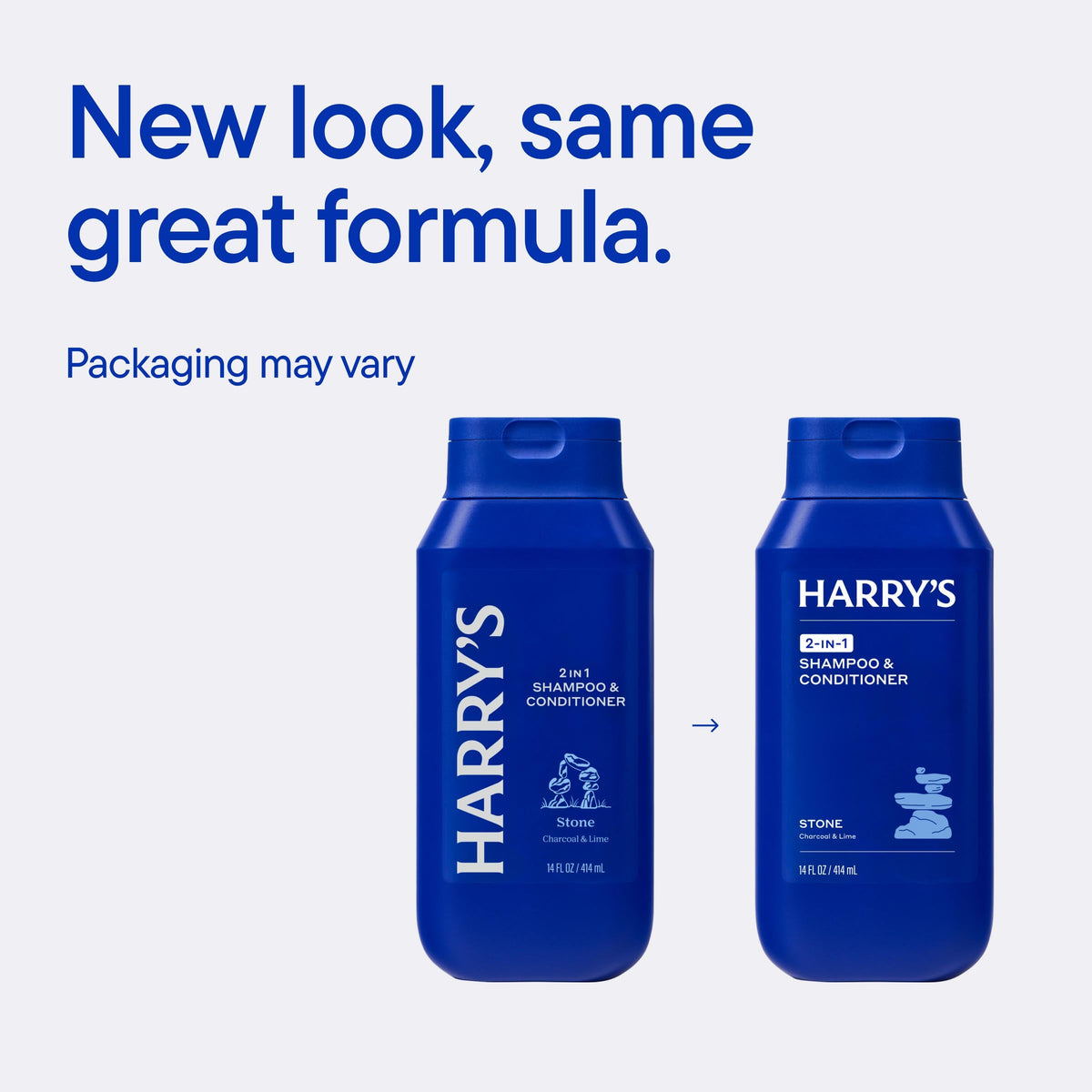 Two blue bottles of Harry's shampoo and conditioner with text on a white background