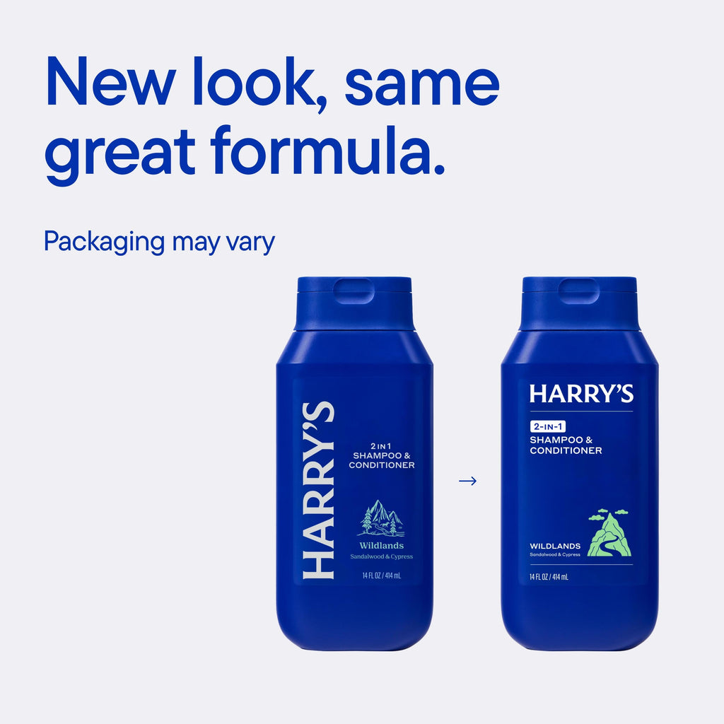 Two blue bottles of Harry's shampoo and conditioner with text on a light blue background