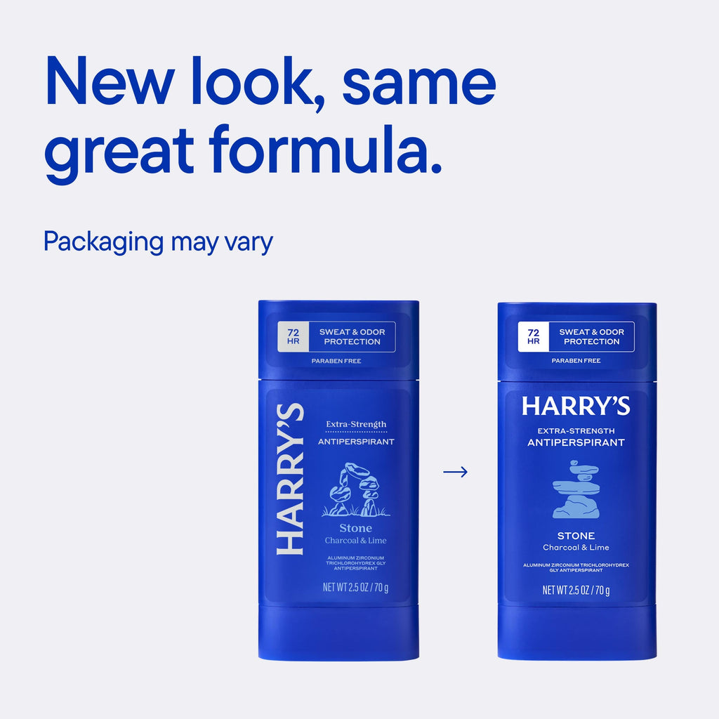 Two blue containers of Harry's antiperspirant on a light blue background with text about new packaging.